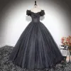 Chic / Beautiful Black Glitter Prom Dresses 2024 Ball Gown Off-The-Shoulder Short Sleeve Backless Floor-Length / Long Prom Formal Dresses