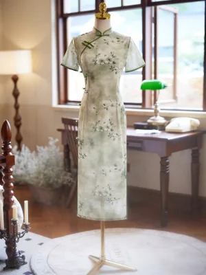 Style Chinois Été Vert Cendré Impression Longue Cheongsam 2024 Trompette Sirène Col Haut Manches Courtes