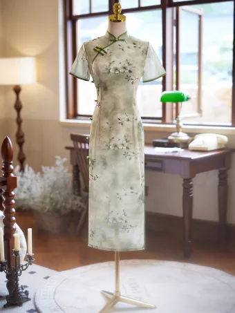 Estilo Chino Verano Verde Salvia Impresión Largos Cheongsam 2024 Trumpet Mermaid Cuello Alto Manga Corta