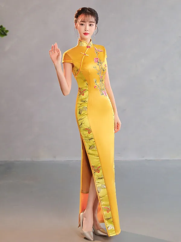 Vintage / Retro Chinese style Gold Lace Flower Split Front Cheongsam 2025 Trumpet / Mermaid High Neck Short Sleeve Floor-Length / Long Evening Party Cheongsam / Qipao