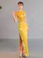 Vintage / Retro Chinese style Gold Lace Flower Split Front Cheongsam 2025 Trumpet / Mermaid High Neck Short Sleeve Floor-Length / Long Evening Party Cheongsam / Qipao