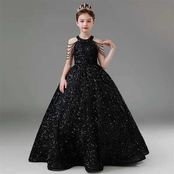 Bling Bling Black Beading Sequins Birthday Flower Girl Dresses 2024 Ball Gown Scoop Neck Sleeveless Backless Floor-Length / Long