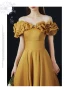 Vintage / Retro Yellow Prom Dresses 2021 A-Line / Princess Off-The-Shoulder Ruffle Short Sleeve Solid Color Satin Engagement Formal Dresses Sweep Train