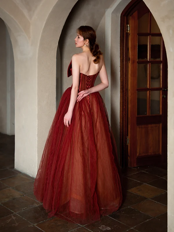 Fashion Red Prom Dresses 2022 A-Line / Princess Strapless Bow Sleeveless Backless Floor-Length / Long Formal Dresses