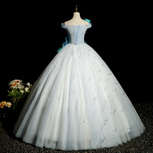 Fashion Sky Blue Beading Sequins Prom Dresses 2022 Ball Gown Ruffle Off-The-Shoulder Sleeveless Backless Floor-Length / Long Prom Formal Dresses