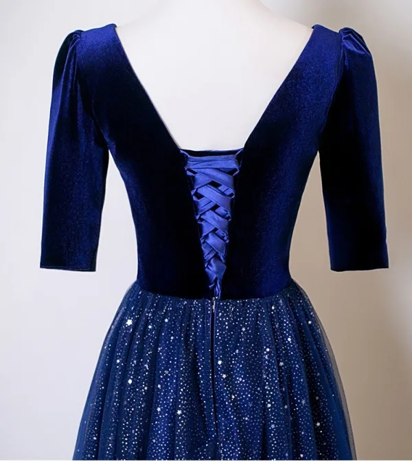 Vintage / Retro Navy Blue Star Sequins Mother Of The Bride Dresses 2025 A-Line / Princess Square Neckline Short Sleeve Backless Floor-Length / Long