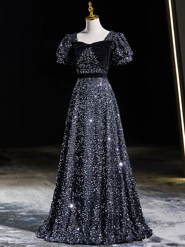 Scintillantes Noire Paillettes Robe De Bal 2024 Princesse Encolure Carrée Noeud Manches Courtes Dos Nu Longue Promo Robe De Ceremonie