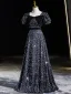 Scintillantes Noire Paillettes Robe De Bal 2024 Princesse Encolure Carrée Noeud Manches Courtes Dos Nu Longue Promo Robe De Ceremonie