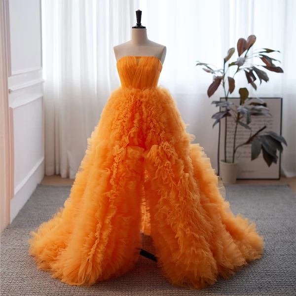 Fashion Orange Pleated Prom Dresses 2023 A-Line / Princess Strapless Sleeveless Backless Sweep Train Prom Formal Dresses