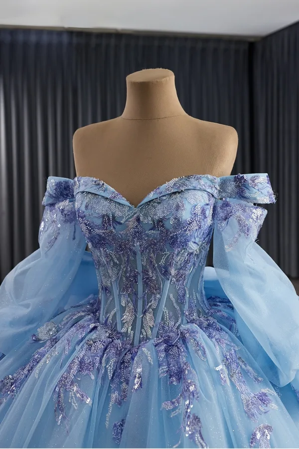 Luxury / Gorgeous Sky Blue Handmade  Beading Lace Flower Sequins Prom Dresses 2025 Ball Gown Off-The-Shoulder Short Sleeve Backless Bow Court Train