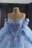 Luxury / Gorgeous Sky Blue Handmade  Beading Lace Flower Sequins Prom Dresses 2025 Ball Gown Off-The-Shoulder Short Sleeve Backless Bow Court Train