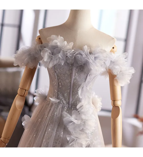 Chic / Belle Gris Appliques Paillettes Robe De Bal 2025 Princesse De l'épaule Sans Manches Dos Nu Longue Robe De Ceremonie