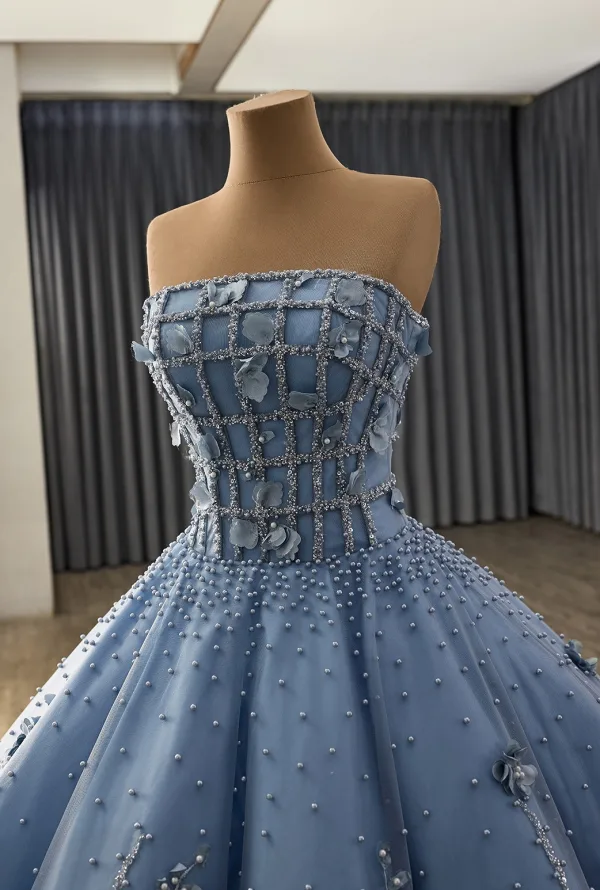 Luxury / Gorgeous Flower Fairy Pool Blue Handmade  Beading Pearl Sequins Appliques Prom Dresses 2025 Ball Gown Strapless Sleeveless Backless Floor-Length / Long