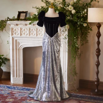 Charming Black Sequins Evening Dresses 2024 Trumpet Mermaid Square Neckline Puffy Short Sleeve Backless Bow Sweep Train Evening Party Formal Dresses