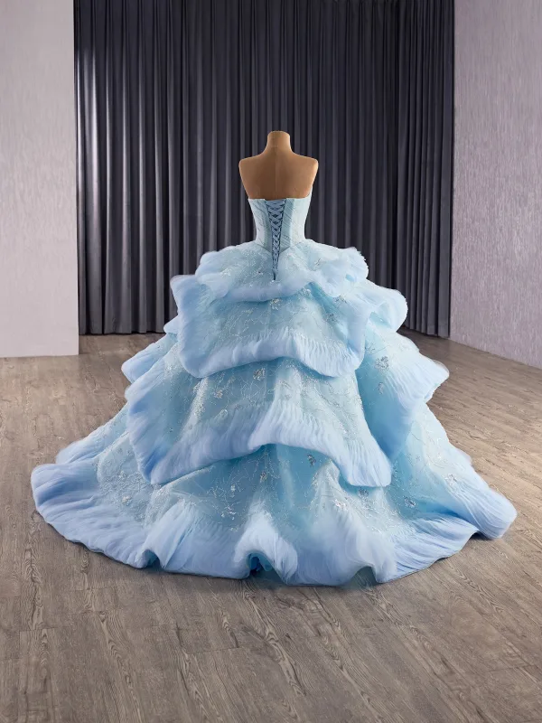 Luxury / Gorgeous Sky Blue Beading Cascading Ruffles Pearl Sequins Prom Dresses 2025 Ball Gown Strapless Sleeveless Backless Sweep Train Formal Dresses