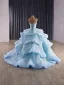 Luxury / Gorgeous Sky Blue Beading Cascading Ruffles Pearl Sequins Prom Dresses 2025 Ball Gown Strapless Sleeveless Backless Sweep Train Formal Dresses