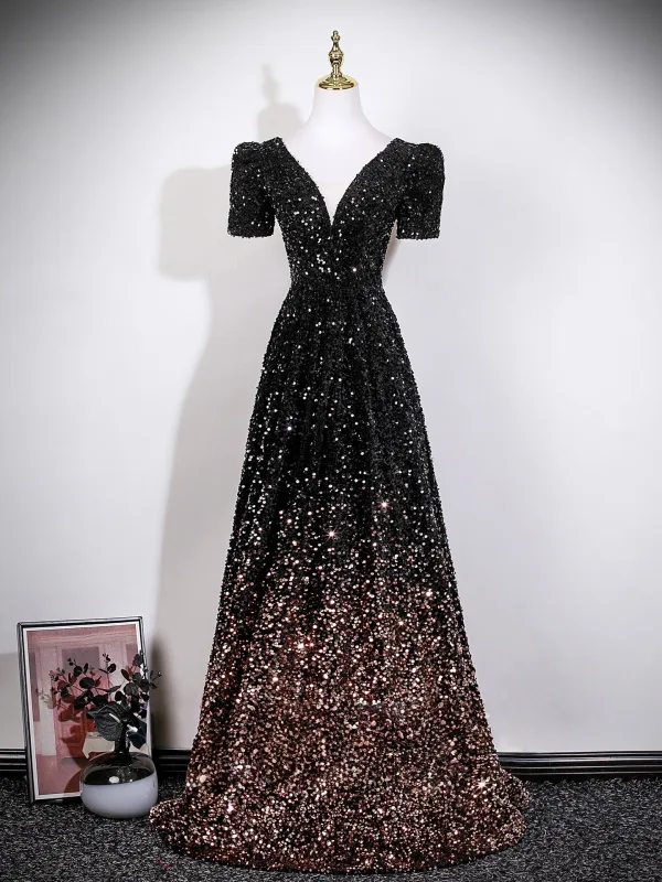 Dazzling Black Gold Sequins Evening Dresses 2026 A-Line / Princess V-Neck Short Sleeve Backless