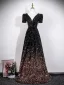 Dazzling Black Gold Sequins Evening Dresses 2026 A-Line / Princess V-Neck Short Sleeve Backless