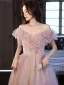Chic / Beautiful Blushing Pink Beading Ruffle Prom Dresses 2022 A-Line / Princess Off-The-Shoulder Short Sleeve Backless Floor-Length / Long Formal Dresses