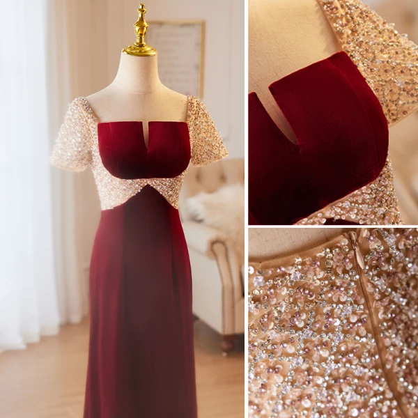 Charmant Bordeaux Perlage Paillettes Robe De Soirée 2023 Trompette / Sirène Encolure Carrée Manches Courtes Dos Nu Longue Soirée Robe De Ceremonie