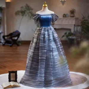Modest Simple Ocean Blue Prom Dresses 2024 Ball Gown Off The Shoulder Short Sleeve Backless Floor Length Long Prom Formal Dresses