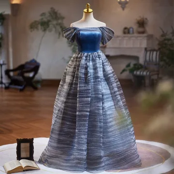 Simple Océan Bleu Robe De Bal 2024 Robe Boule De L Épaule Manches Courtes Dos Nu Longue Promo Robe De Ceremonie