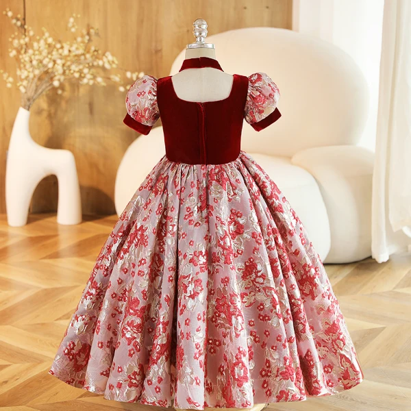 Chic / Beautiful Burgundy Printing Birthday Flower Girl Dresses 2023 Ball Gown Square Neckline Short Sleeve Backless Floor-Length / Long Flower Girl Dresses
