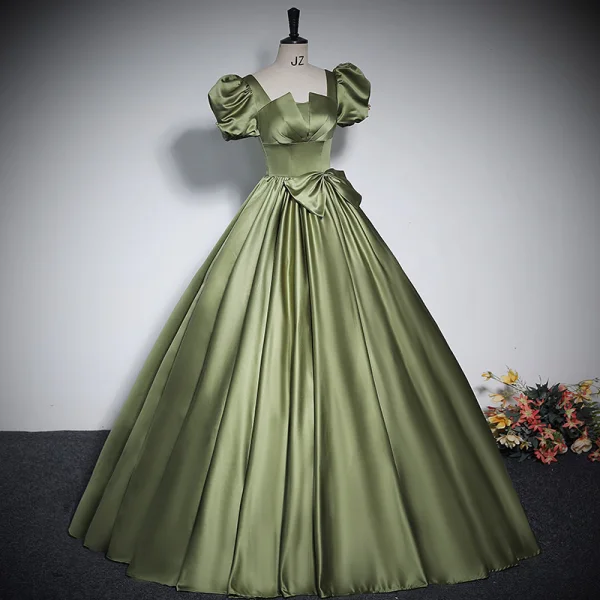 Vintage / Retro Clover Green Satin Prom Dresses 2023 Ball Gown Square Neckline Bow Short Sleeve Backless Floor-Length / Long Prom Formal Dresses