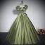Vintage / Retro Clover Green Satin Prom Dresses 2023 Ball Gown Square Neckline Bow Short Sleeve Backless Floor-Length / Long Prom Formal Dresses