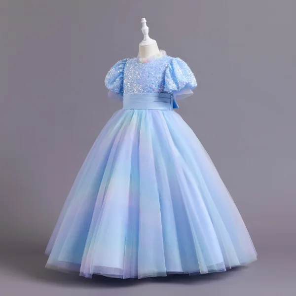 Chic / Belle Bleu Ciel Paillettes Anniversaire Robe Ceremonie Fille 2023 Robe Boule Col Haut Manches Courtes Noeud Longue Robe Ceremonie Fille