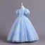 Chic / Belle Bleu Ciel Paillettes Anniversaire Robe Ceremonie Fille 2023 Robe Boule Col Haut Manches Courtes Noeud Longue Robe Ceremonie Fille