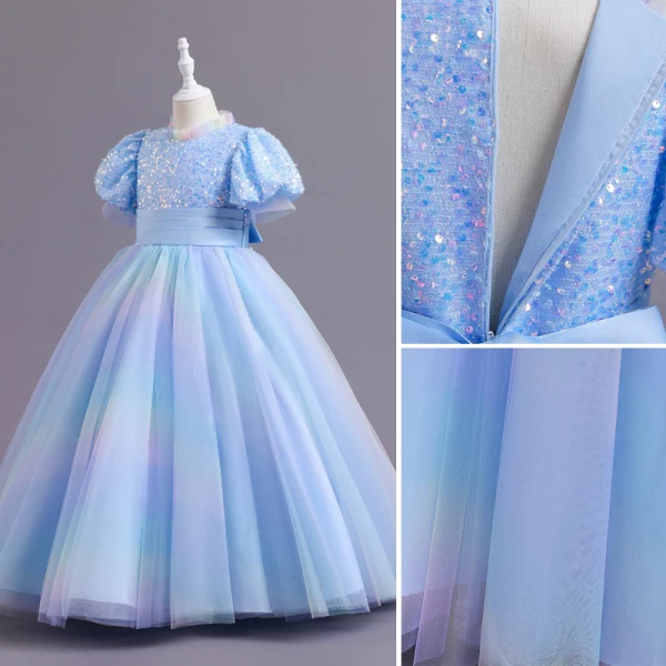 Chic / Belle Bleu Ciel Paillettes Anniversaire Robe Ceremonie Fille 2023 Robe Boule Col Haut Manches Courtes Noeud Longue Robe Ceremonie Fille