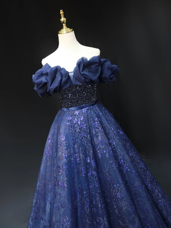 Glitzernden Marineblau Glanz Perlenstickerei Pailletten Ballkleider 2023 A Linie Bandeau Ärmellos Rückenfreies Lange Ball Festliche Kleider