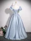 Elegant Sky Blue Rhinestone Satin Prom Dresses 2025 Ball Gown Scoop Neck Puffy Short Sleeve Backless Floor-Length / Long Formal Dresses