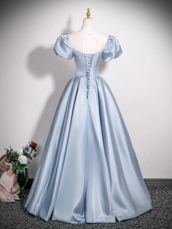 Elegant Sky Blue Satin Rhinestone Prom Dresses 2025 A-Line / Princess Scoop Neck Puffy Short Sleeve Backless Floor-Length / Long Formal Dresses