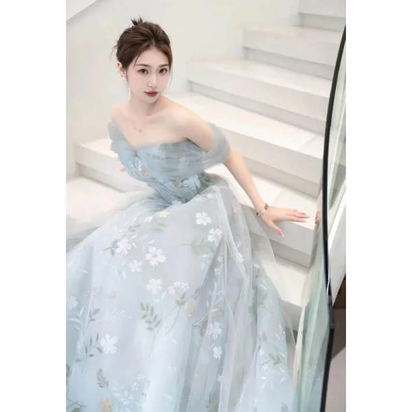 Flower Fairy Sky Blue Appliques Prom Dresses 2023 A-Line / Princess Off-The-Shoulder Short Sleeve Backless Floor-Length / Long Prom Formal Dresses