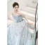 Flower Fairy Sky Blue Appliques Prom Dresses 2023 A-Line / Princess Off-The-Shoulder Short Sleeve Backless Floor-Length / Long Prom Formal Dresses