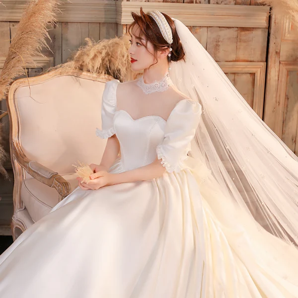 Vintage / Retro Ivory Ball Gown Wedding Dresses 2021 Crossed Straps Satin Lace High Neck 1/2 Sleeves Chapel Train Bridal Wedding