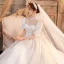 Vintage / Retro Ivory Ball Gown Wedding Dresses 2021 Crossed Straps Satin Lace High Neck 1/2 Sleeves Chapel Train Bridal Wedding