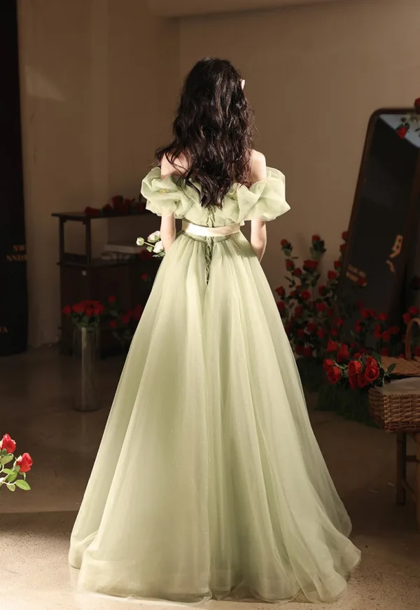 Chic / Beautiful Sage Green Bow Sash Prom Dresses 2024 A-Line / Princess Ruffle Off-The-Shoulder Short Sleeve Backless Floor-Length / Long Prom Formal Dresses