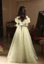 Chic / Beautiful Sage Green Bow Sash Prom Dresses 2024 A-Line / Princess Ruffle Off-The-Shoulder Short Sleeve Backless Floor-Length / Long Prom Formal Dresses