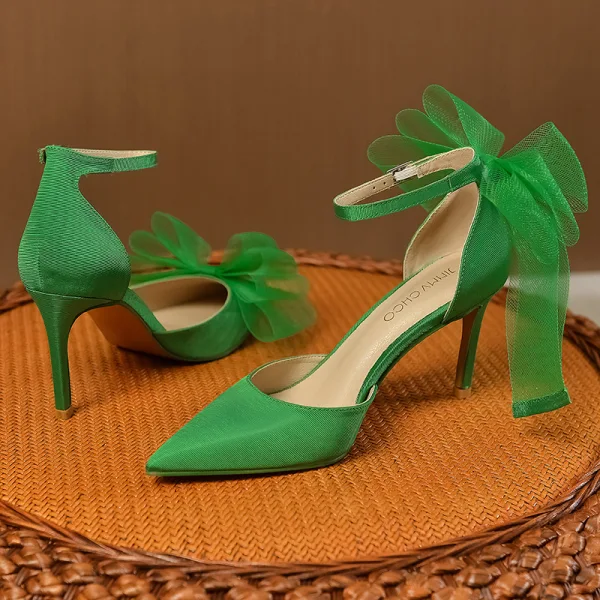 Chic / Beautiful Green Prom Bow Womens Shoes 2023 Ankle Strap 8 cm Stiletto Heels Pointed Toe High Heels