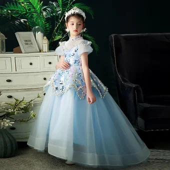 Scintillantes Bleu Ciel Paillettes Perle Faux Diamant Anniversaire Robe Ceremonie Fille 2022 Robe Boule Col Haut Manches Courtes Dos Nu Longue Robe Ceremonie Fille