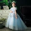 Glitzernden Himmelblau Pailletten Perle Strass Geburtstag Blumenmädchenkleider 2022 Ballkleid Stehkragen Kurze Ärmel Rückenfreies Lange Blumenmädchenkleider