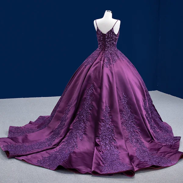 Vintage / Retro High-end Purple Beading Flower Lace Prom Dresses 2022 Ball Gown Spaghetti Straps Sleeveless Backless Court Train Prom Formal Dresses