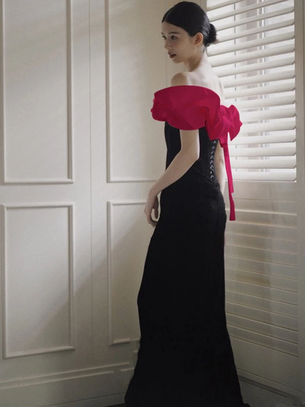 Sexy Black Ruffle Off-The-Shoulder Evening Dresses 2023 Trumpet / Mermaid Short Sleeve Backless Floor-Length / Long Evening Party Formal Dresses