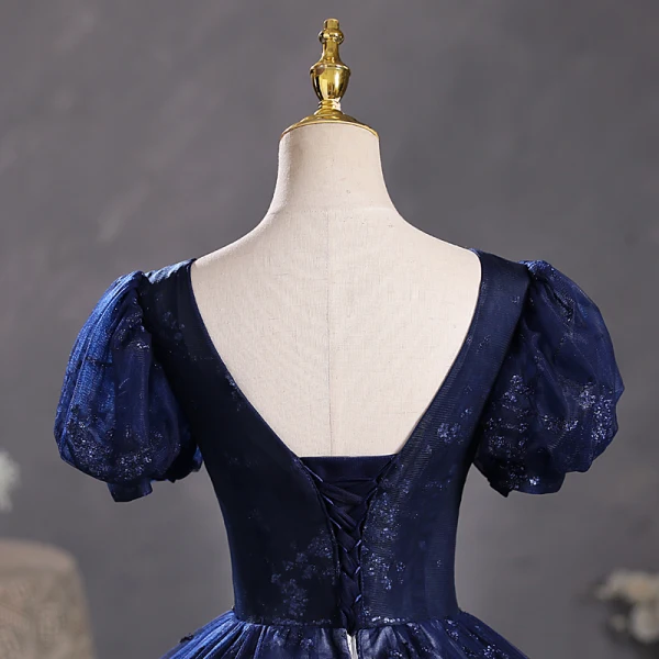 Vintage / Retro Navy Blue Beading Sequins Prom Dresses 2023 Ball Gown Scoop Neck Puffy Short Sleeve Backless Floor-Length / Long Prom Formal Dresses