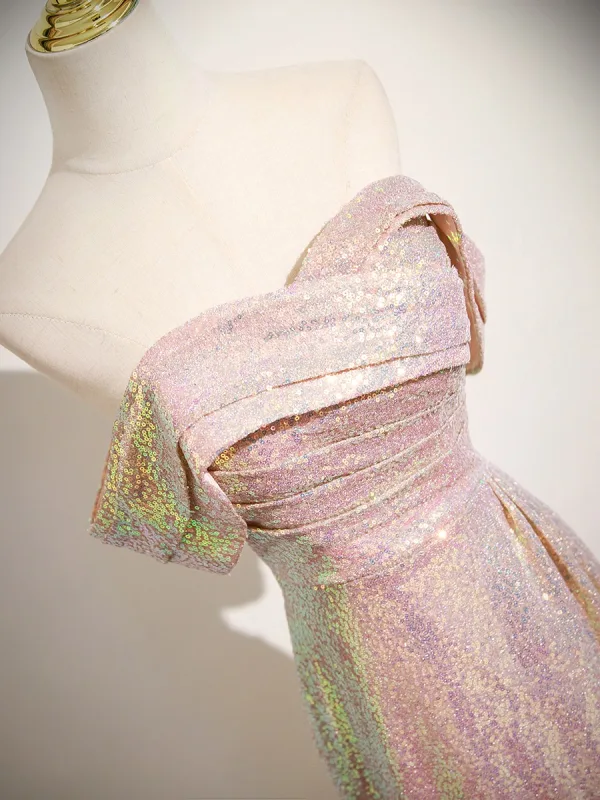 Glitzernden Sexy Rosa Pailletten Ballkleider 2025 Meerjungfrau Off Shoulder Kurze Ärmel Rückenfreies Sweep / Pinsel Zug Festliche Kleider