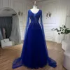 High-end Royal Blue Handmade  Beading Prom Dresses 2024 A-Line / Princess V-Neck Sleeveless Backless Floor-Length / Long Prom Formal Dresses
