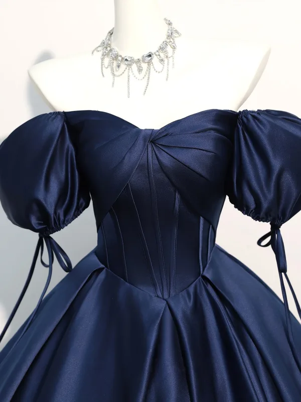 Vintage / Retro Navy Blue Prom Dresses 2026 Ball Gown Off-The-Shoulder Puffy Short Sleeve Backless Floor-Length / Long Formal Dresses